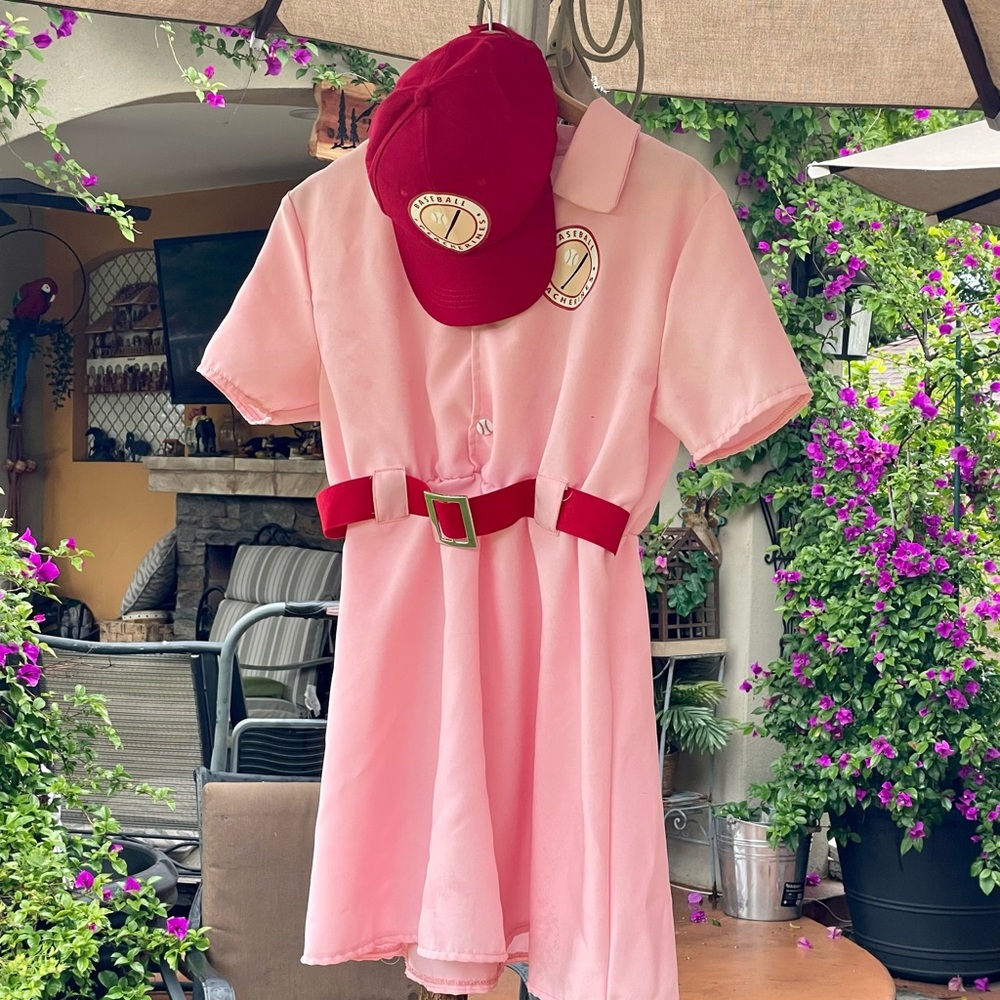 Womens Baseball Costume Pink Dress & Red Cap